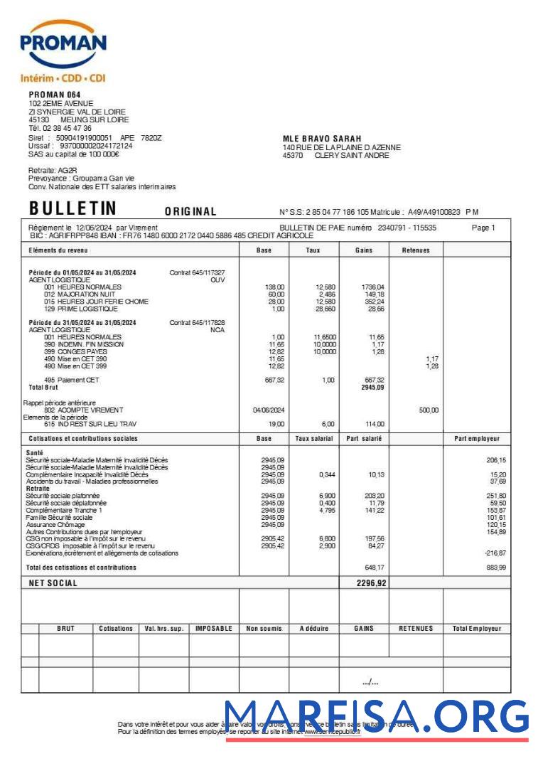 Printable Proman recrutement payslip (in French language) example